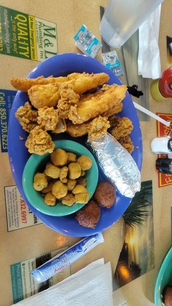 Grouper Oysters Baked Potato and Fried Okra